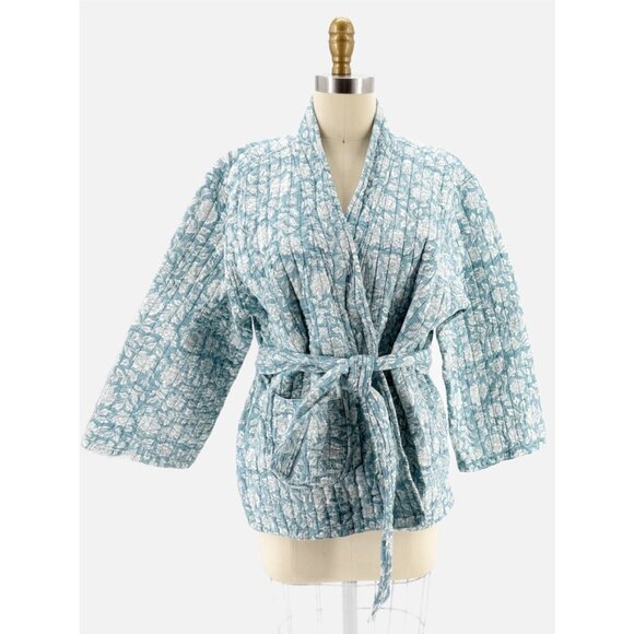 Shahenaz Blue White Quilted Kimono Robe O/S - Picture 1 of 8